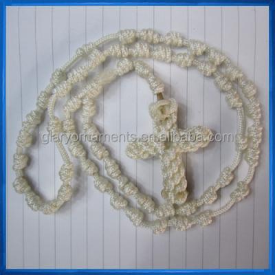 China White knotted yarn thread rosary necklace, rope cord rosary for sale