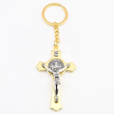 China Europe 3 Inches Gold and Silver Antique Catholic Saint Benedict Crucifix Cross Keychain for sale