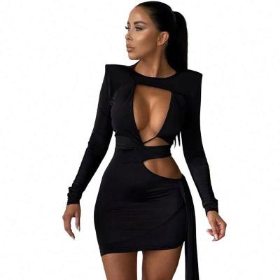 China Anti-Static Sexy Hollow Out Streetwear Long Sleeve Solid Color Bodycon Mini Dresses Women Casual for sale