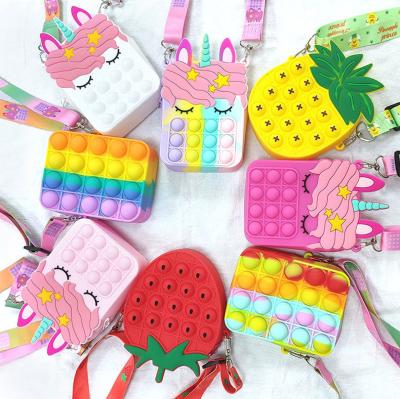 China Fashion Trending products 2021 new arrivals kids mini purse pop candy color chain unicorn pop purse Silicone pop fidget purse for sale