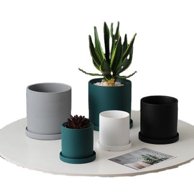 China Modern Cylinder Ceramic Flowerpot With Drainage Hole And Saucer For Indoor And Outdoor for sale