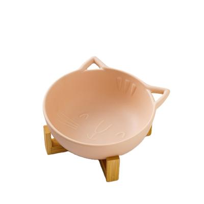 China Sustainable Colorful Ceramic Bamboo Shelf Pet Bowl Cats Wheel With Bamboo Wood Rack for sale