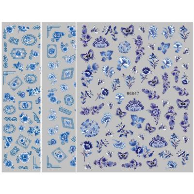 China Free Shipping Eco-friendly Material Retro DIY Porcelain Nail Decorations Chinese Style Blue White Nail Art Stickers for sale