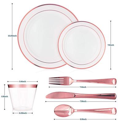 China Disposable Dinnerware Sets Disposable Dinnerware Rose Gold Rim Plastic Dinnerware Set 25Each=7.5