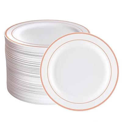 China Eleglant 100 Packs 7.5 Inch Customized Wedding Disposable Plastic Rose Gold Rim Dish Dinnerware Set for sale