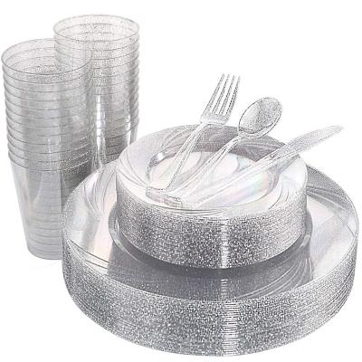 China Minimalist silver glitter disposable dishes made of hard plastic BPA free dinnerware set with fork, knife, spoon with napkin for sale