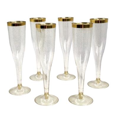 China Transitional Plastic Disposable Champagne Flutes, Gold Glitter with a Gold Rim, Premium Toasting Glass, Elegant Elegant Mimosa, 6.5oz for sale