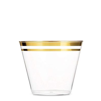 China Eleglant Customized Wedding Durable 9 Ounce Cocktail Cups Party Gold Clear Disposable Double Rim Plastic Beer Cup for sale