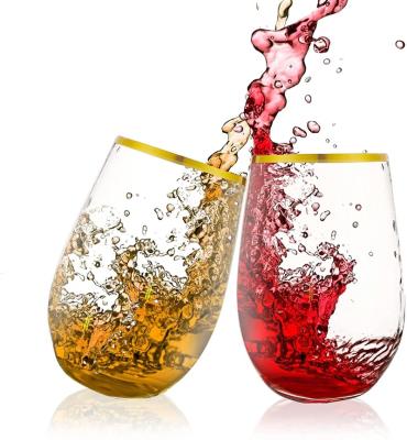 China Gold Rim Shatterproof Plastic Stemless Unbreakable Wine Cups Wine Glass Cups 16oz for sale