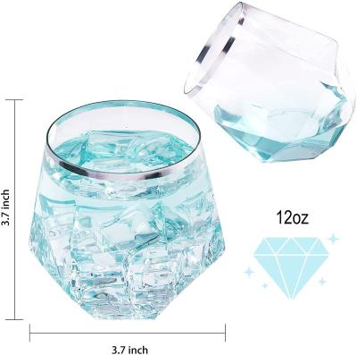 China Unbreakable Silver Diamond Shaped Plastic Stemless Wine Glasses Set Of 30, 12 Ounce Disposable Clear Plastic Whiskey Glasses For Birthday for sale