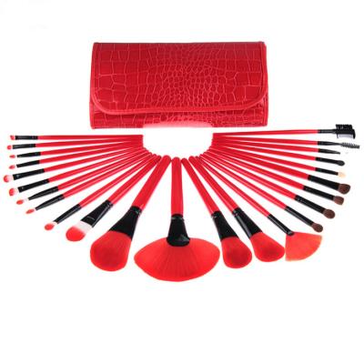 China Angular Blush Makeup Brush 24Pcs Red Wooden Synthetic Cosmetic Makeup Brush With Case for sale