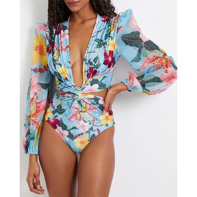 China 2023 Nine Piece Swimsuit Antibacterial Print Explosive Swimwear Deep V Waist Hollow High Bikini for sale