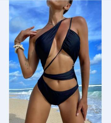 China Black Sexy Fashion Antibacterial Swimsuit One Shoulder Cavity Bikini Drawstring One Piece High Quality Beach Bathing Suits for sale