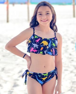 China 2023 Plus Size Floral Print Girls Two Piece Swimsuit Kids Mermaid Bikini Set Pure Cotton Beach Hot Selling Swimwear for sale