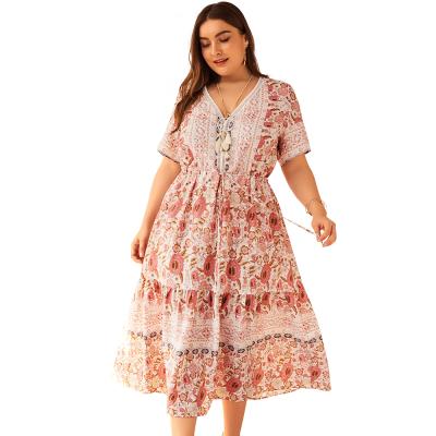 China New Anti-Static Summer Plus Size Floral Casual Dresses Short Sleeve Women Dress Long for sale