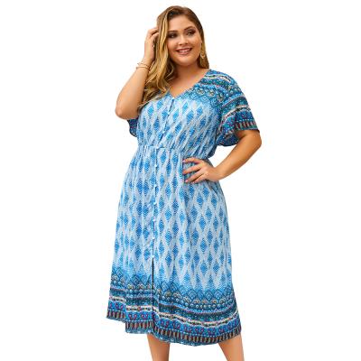 China New Anti-Static Summer Plus Size Print Dress V-Neck Women Dress Short Sleeve Midi Casual Dress for sale