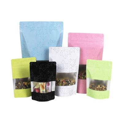 China Food Packaging Maple Leaf Pattern Printed Zipper Bag Kraft Paper Aluminum Foil Inside Stand Up Colorful Window Pouch for sale