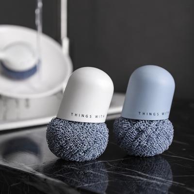 China Household Kitchen Stocked Cleaning Brush Not Drop Bristle Polyester Ball Cleaning Dish And Pot Brush With Short Handle for sale