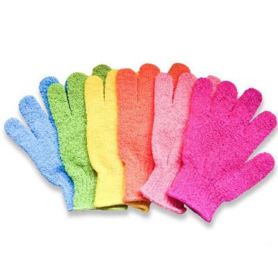 China EXFOLIATE Many Years Factory Solid Color Five Fingers Plant Fiber Natural Nylon Bath Double Sided Deep Exfoliating Bath Gloves for sale