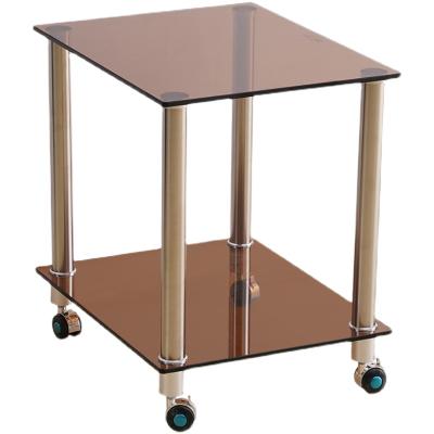 China Brown Living Room Furniture Glass Top End Table (Height) Adjustable Small Side Table With Wheels for sale