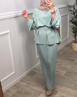 China Eco-friendly fashion islamic women nida solid color suit office 2pcs long sleeve blouse pleated half skirt malaysia women kaftans for sale