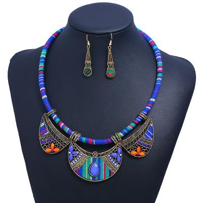 China BOHEMIA Europe and America Style Rope Jewelry Popular Ethnic Two Piece Braided Female Earrings and Necklace Set for sale