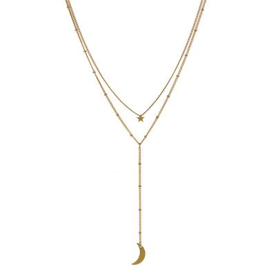 China Other Gold Chain Necklace For Women Girls Double Layer Star Moon Shaped Pendant Necklace for sale