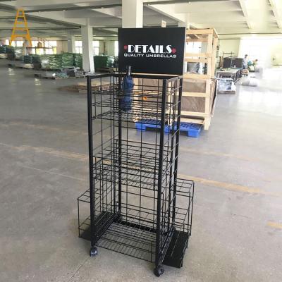 China Hot Selling Display Retail Store Umbrella Display Stand Rack Flooring With Wheel for sale