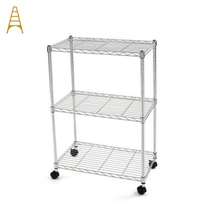 China Custom Made Three Layer Sustainable Floor Metal Wire Shelf Rack With Wheel for sale