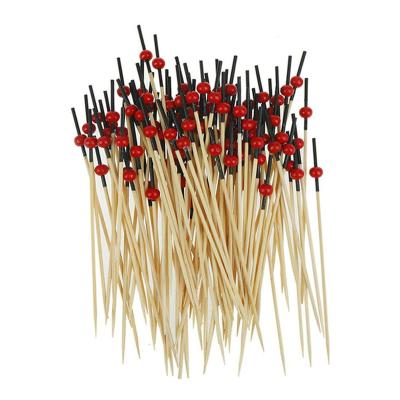 China Small Disposable Red Ball Black Handle Cocktail Sticks Bamboo Wooden Food Pick for sale