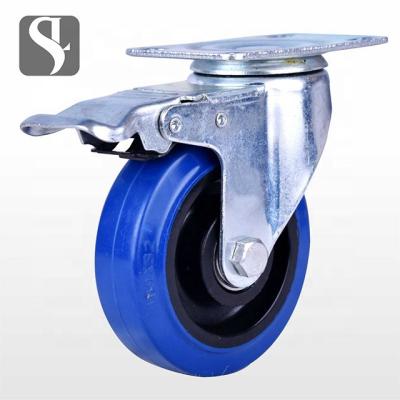 China Durable 100mm Blue Rubber Swivel Furniture Caster With Brake for sale