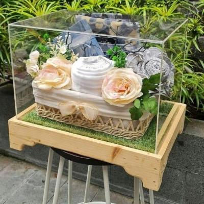 China Transparent acrylic + wooden planter box, decorative box for flowers, sitting with wooden base for sale