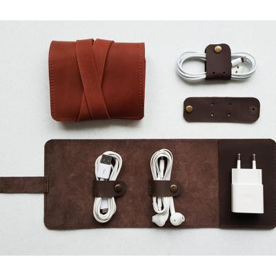 China For Leather Earbuds Minimalistic Rope Organizer Headphone Holder Cord Wrap Organizer Roll Travel Charger Roll Up Cable Case Bag for sale