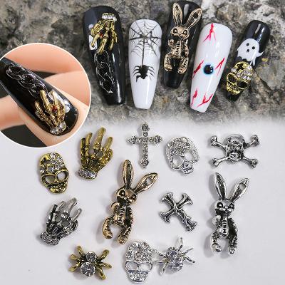 China Nail Art Decoration 3D Halloween Nail Charms black Skull Spider Alloy Skeleton cross Shape metal Rhinestones Jewelry Accessories DIY Halloween Nail for sale