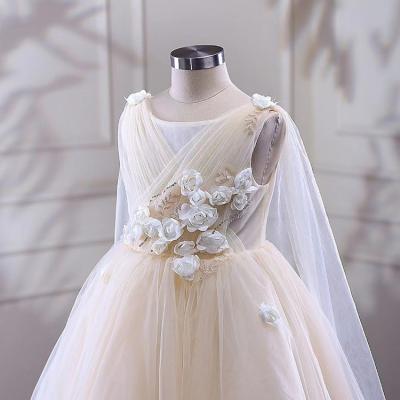 China Breathable Party Beaded Flower Sleeveless A Line Champagne Tutu Kids Baby Dress Girl Kids Wedding Dresses Lace Up Tulle Chiffon Best for sale