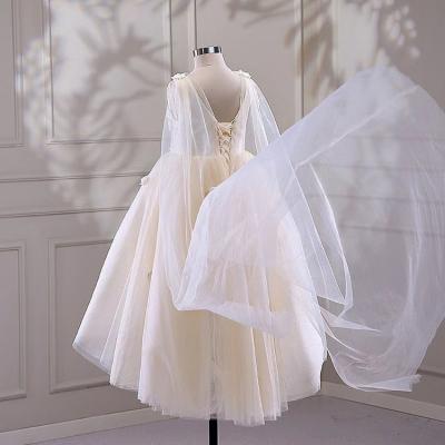 China Sleeveless Breathable Beaded White Ribbon A Line Champagne Tutu Bridesmaids Kids Children Lace Up Tulle Chiffon Dresses Wedding Baby Dress for sale