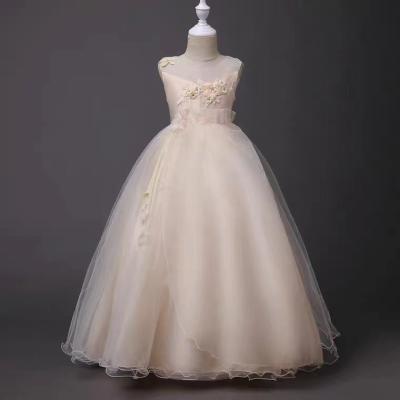 China Breathable Tulle Beaded Champagne A Line Ribbon Flowers Tutu Girls 13 to 14 9 Year Old Wedding Dress for Girl 14 Year Old for sale