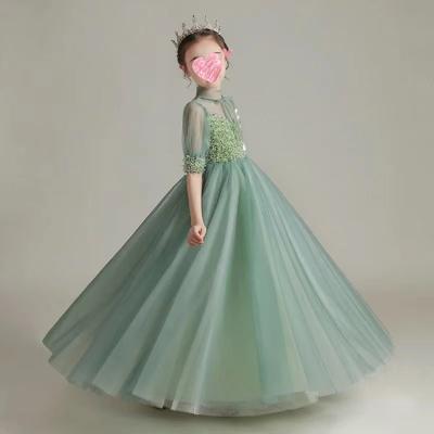 China Breathable Kids Green Beaded Pattern Any Color Tulle Lace Up A Line China Flower Girls Long Sleeve Ball Gown Wedding Dress For Kids for sale