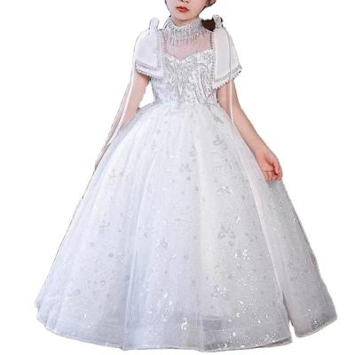 China Custom Breathable Kids Sequin Turtle Neck Tulle Kids White Maid Wedding Dress Aline Lace Fabric Body Hug Satin Beaded Bridesmaids for sale