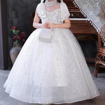 China KDG Spain Turtle Neck Breathable Tulle Kids Kids Beaded Bridesmaids A Line Satin White Dresses Scrunch Lentejuelas Baby Wedding Dress for sale