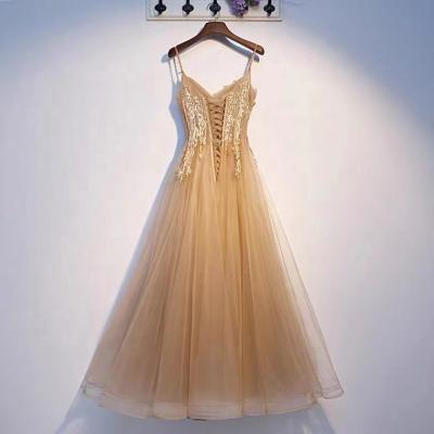 China Dry cleaning dresses lace up fabric sequin beaded women party dress yellow gold color bridesmaid dresses for sale