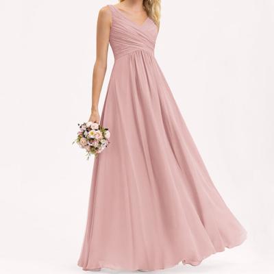 China Breathable A Line Muslim Bridesmaid Dresses Chiffon Ball Gown Long Dusty Rose Coral Color Custom Made Sleeveless Modest V Neckline Orange Bridal for sale