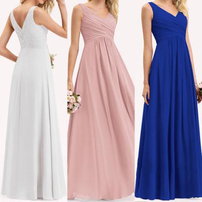 China Breathable Tank Any Color Empire Chiffon Fabric V-Neck Modest Sleeveless White Satin Blue Dress Rose Pink Bridesmaid Dresses Women for sale