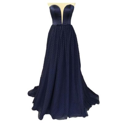 China Dot Anti-Static Net Deep V Satin Sweetheart Strapless Ball-Gown Waist With Bow Evening Dress for sale