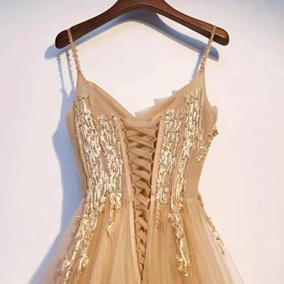 China Dry Cleaning Lace Fabric Sequin Beaded Women Party Dress Gold Evening Dress Promotion Dresses Dubai Women Long for sale