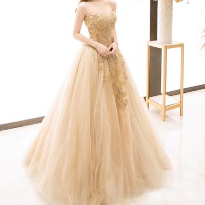 China Dry Cleaning Backless Gold Lace Fabric Sequin Dresses Lady Elegant Arabic Party Dresses For Women Evening Dress for sale