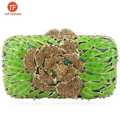 China Factory Wholesale Luxury Crystal Evening Clutch Bag Rhinestone Wedding Purse Green Flower Evening Handbag for Party for sale