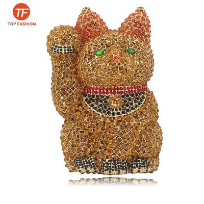 China Luxury Factory Sell Crystal Rhinestone Clutch Evening Bag Wholesale Elegant CAT LUCKY CAT Minaudiere Purse SHOWING FINGER Handmade for sale