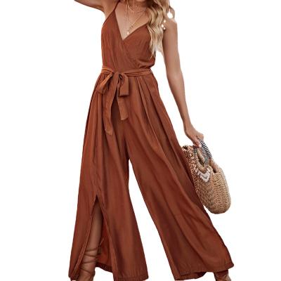 China Hot Sale QUICK DRY Spaghetti Strap Deep-V Neck Pants Loose Overalls Sexy Backless Slit Summer Loungewear Pants Overalls Women for sale