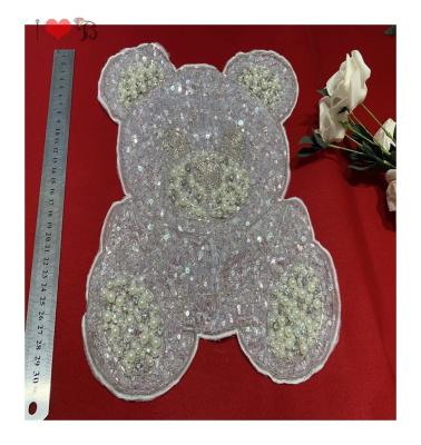 China Gently touch bear design white crystal beaded patch for bridal dress, bling bling patch material for sale